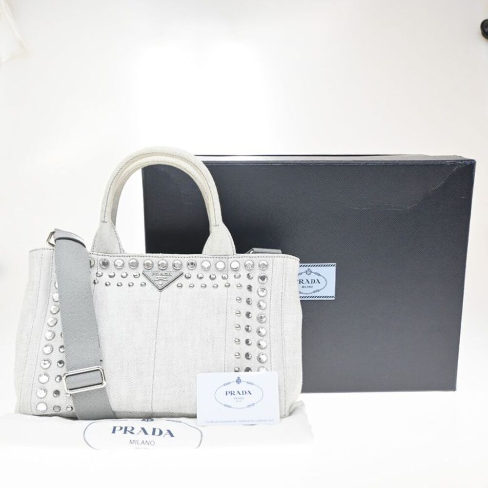 Prada Canapa Convertible Rhinestone Embellished Canvas Gray Canvas Tote Bag Bag